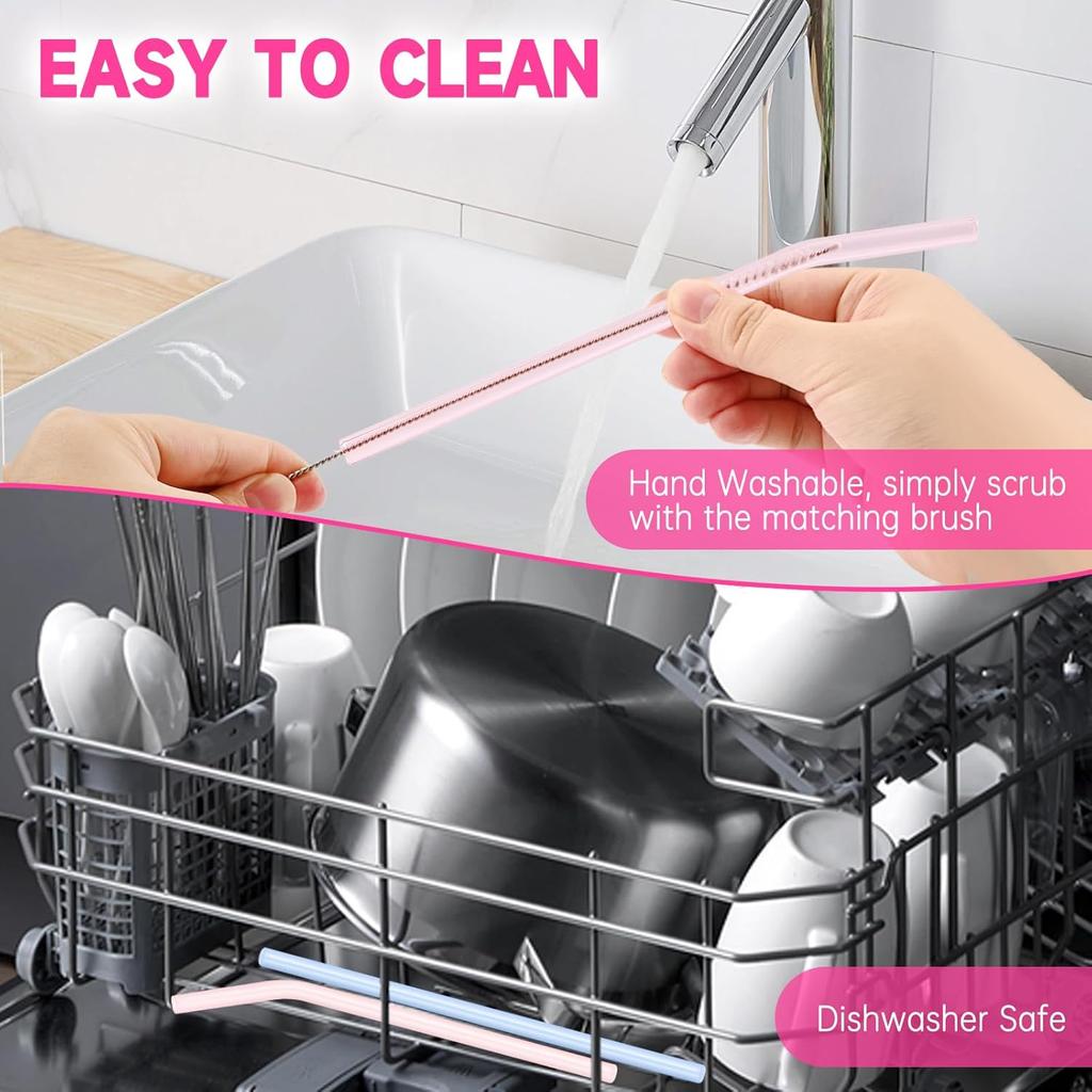 10 Pcs Reble Glass Drinking Straws, 8” Colorful Glass Straws Shatter Resistant with 2 Cleaning Brush, Set of 5 Straight and 5 Bent Reble Straw for