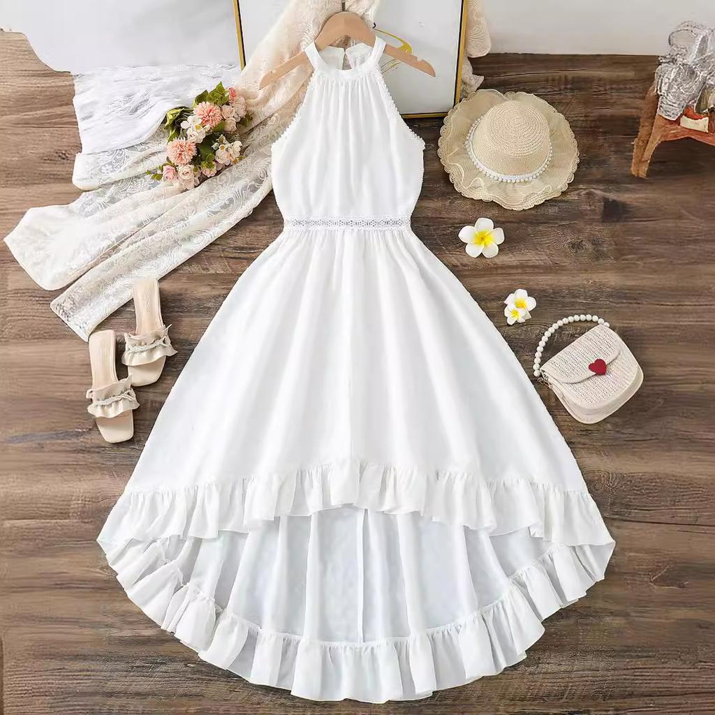 Rochie pentru copii fără mâneci neregulate din dantelă Rochie la modă de vară pentru fete