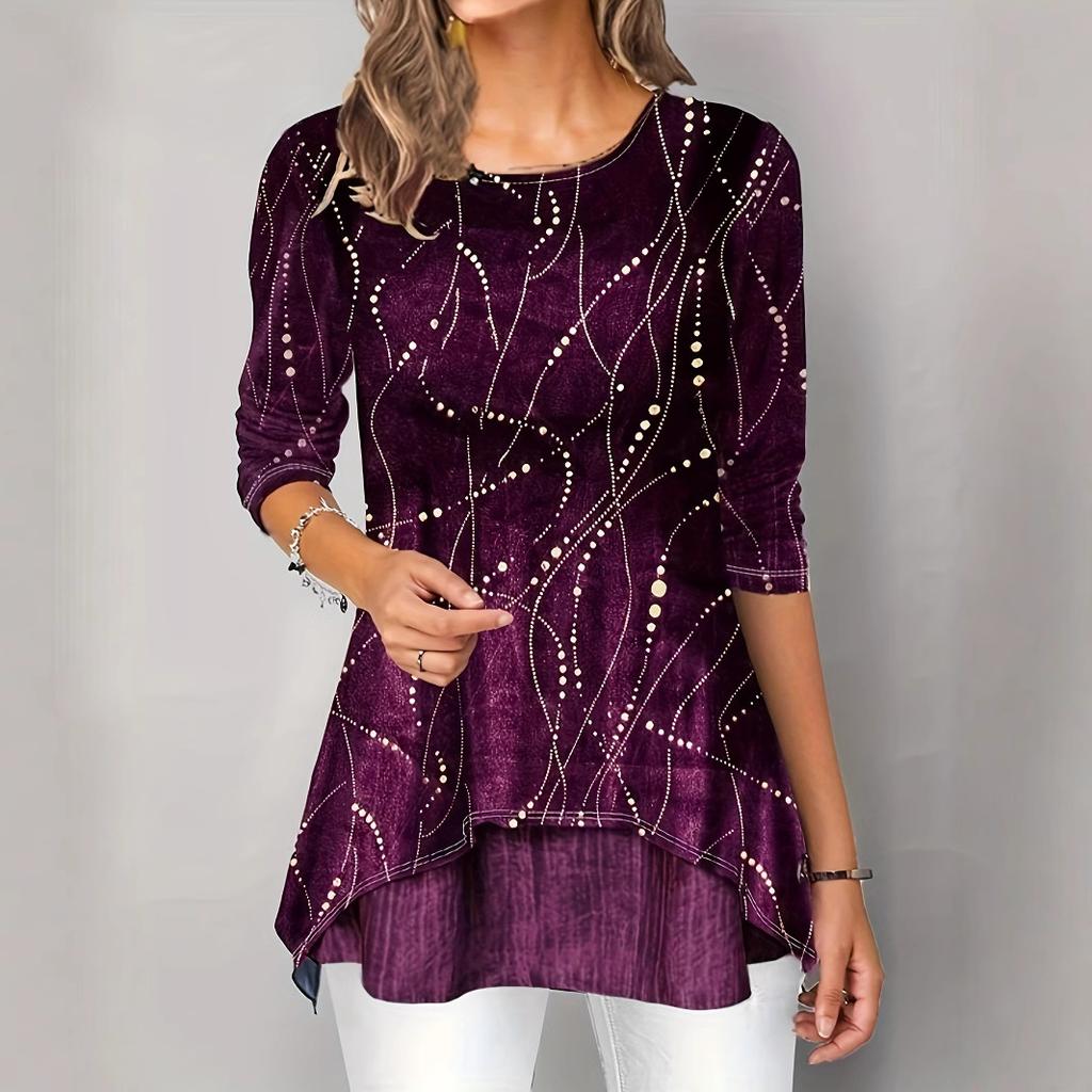 Women's fashion round neck digital printed slim fit long sleeved T-shirt top