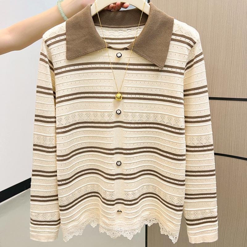 

Осень и зима новый свитер вязаный в полоску с лацканами, кружевная вставка, с длинным рукавом, женский свитер one size fits all зелёный