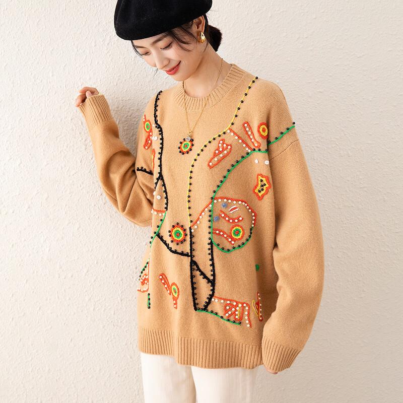 TUHUANG Women's Thickened Pure Wool Embroidered Beaded Round Neck Sweater