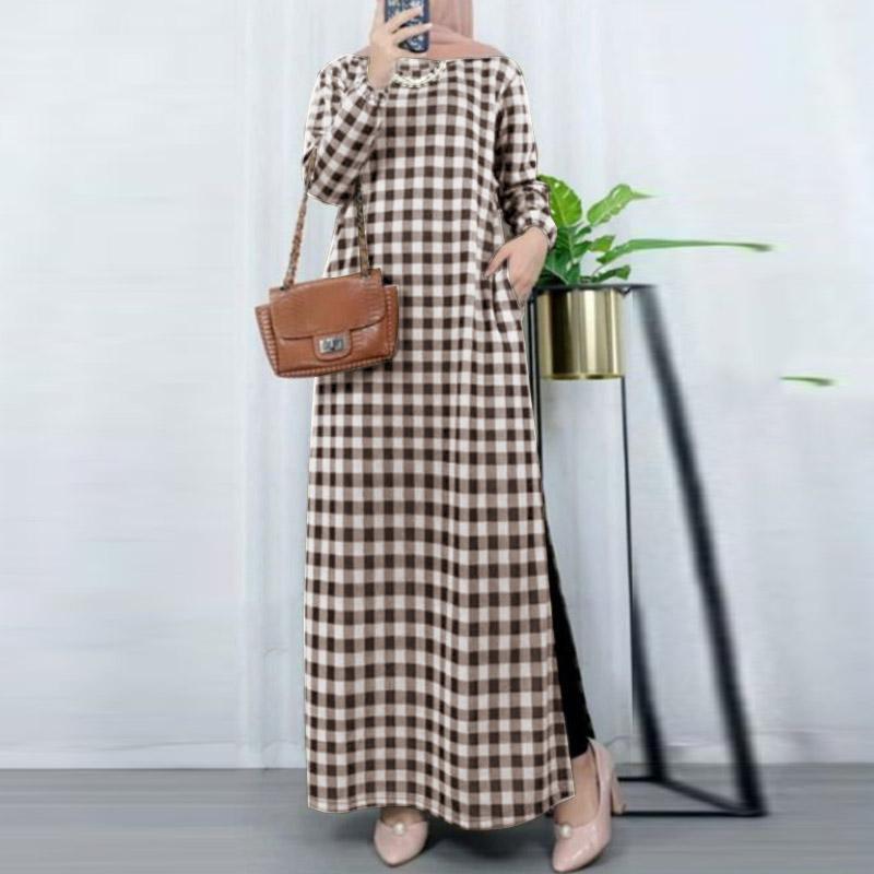 

ZANZEA Женское повседневное длинное платье в клетку с круглым вырезом и длинным рукавом в стиле ретро