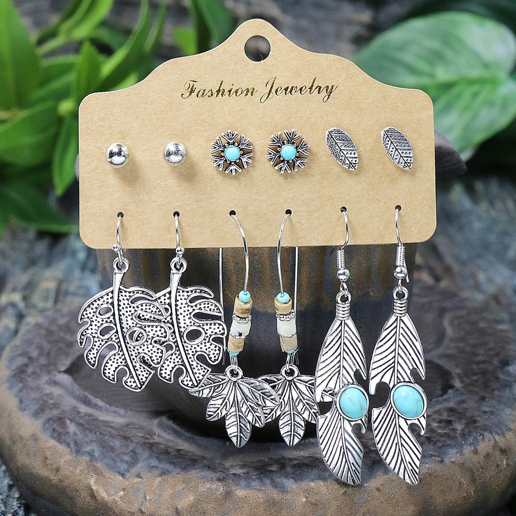 54 Pairs Of Boho Ethnic Style Earrings Ear Stud Combination Set Silver Color Geometric Turquoise Inlaid Party Decor Gifts