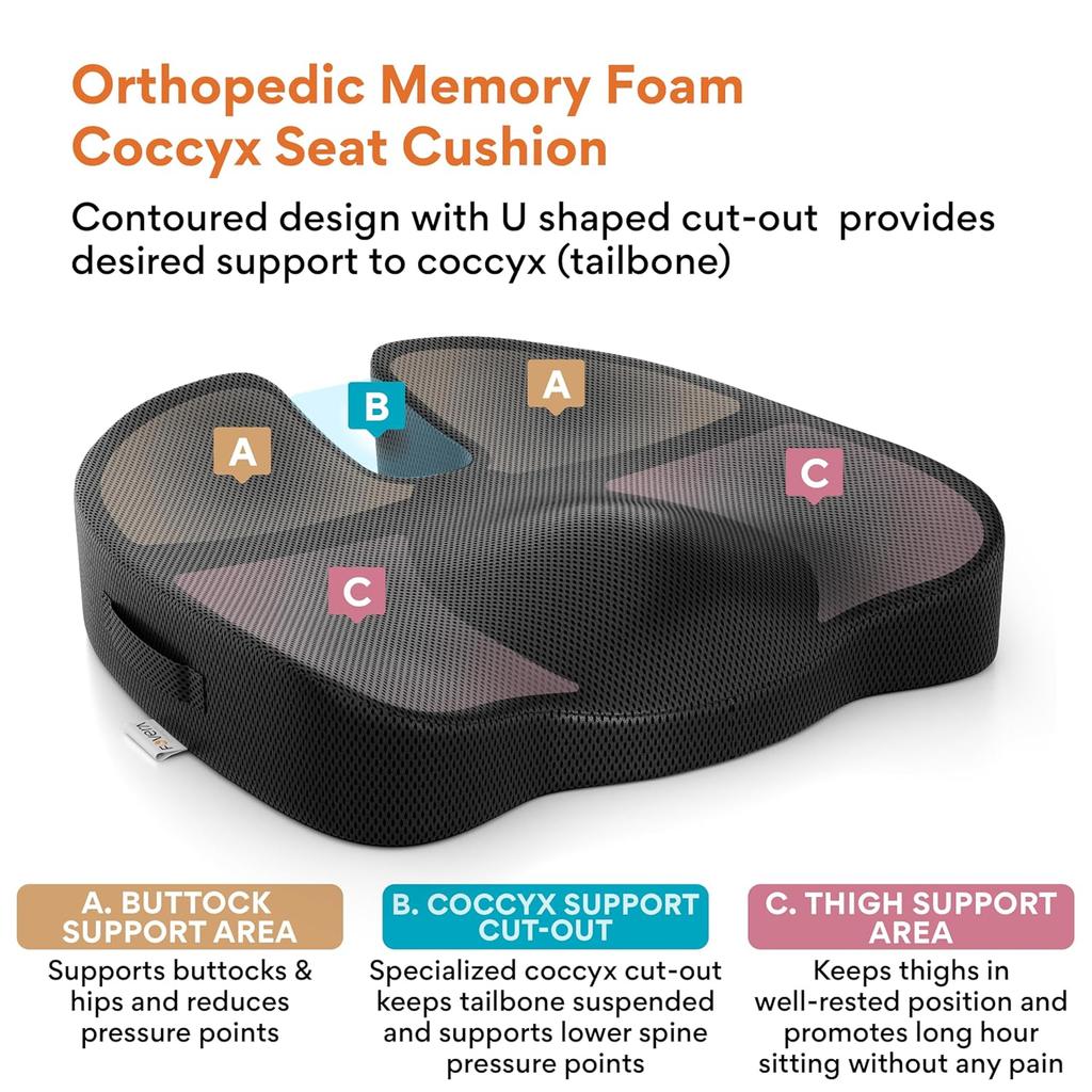 Ergonomic Coccyx Seat Cushion for Pressure Relief and Enhanced Seating Support (46L x 43W x 7H Centimeters), Durable Design up to 120Kg
