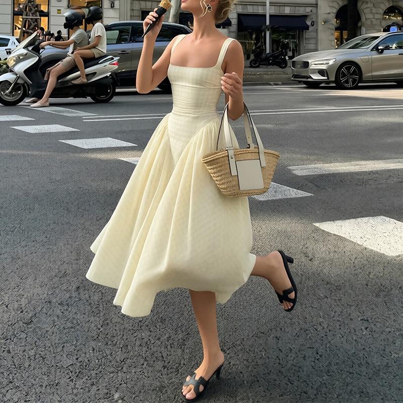 Plaid Printed Spaghetti Strap Sexy A Line Dress Women Elegant Summer Dress Backless Party Midi Dress Vestidos