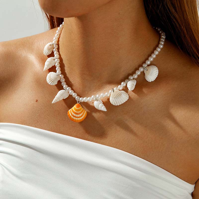 

Fashion Imitation Pearl Shell Pendant Necklace for Women Vintage Conch Beaded Clavicle Chain Necklaces Party Zircon Accessories