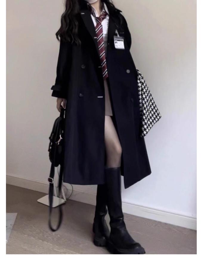 Women's Black Mid-Length Trench Coat - 2023 Spring/Autumn, School Uniform JK Korean Style, Petite Fit.