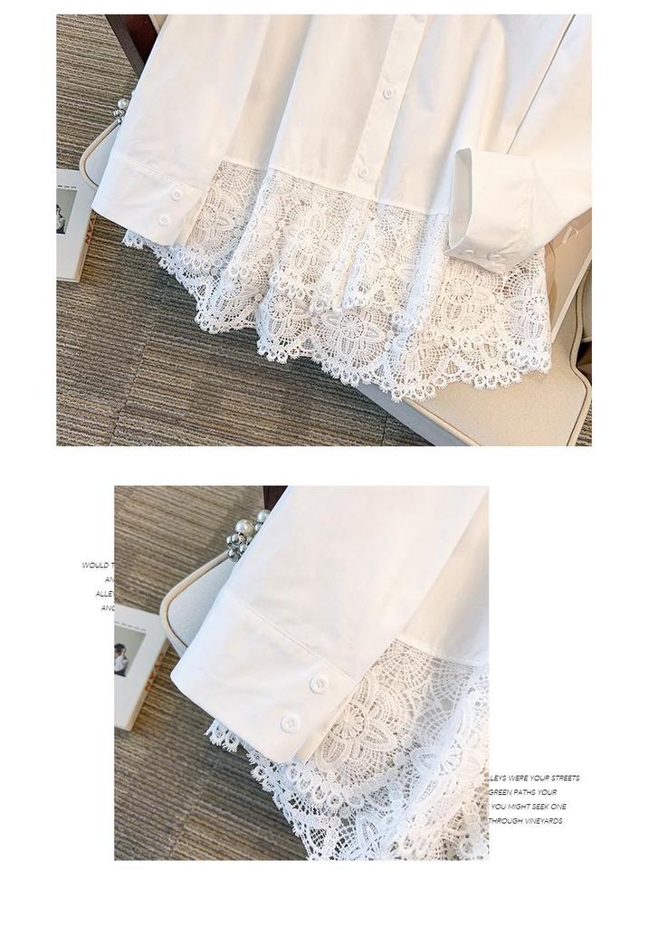 Plus Size Women's Long Sleeve Lace Trim Shirt – Early Spring Layering White Top