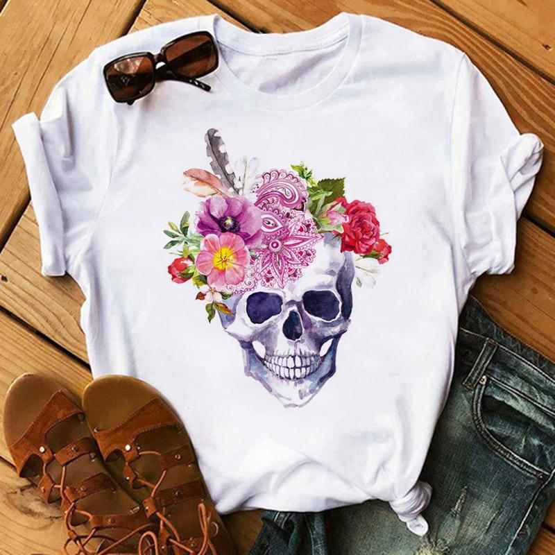 Camiseta De Arte Esttica Feminina De Flores De Caveira Roupas Punk Rock Camiseta Estampada Com Cavaleiro Roupas Fitness Vero 2020