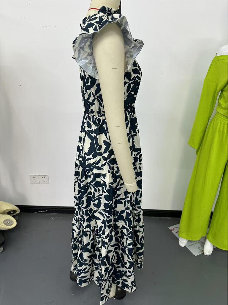 2026 New Summer Fashion Women's Ruffled Flutter Sleeve Lace-Up Printed Fairy Dress