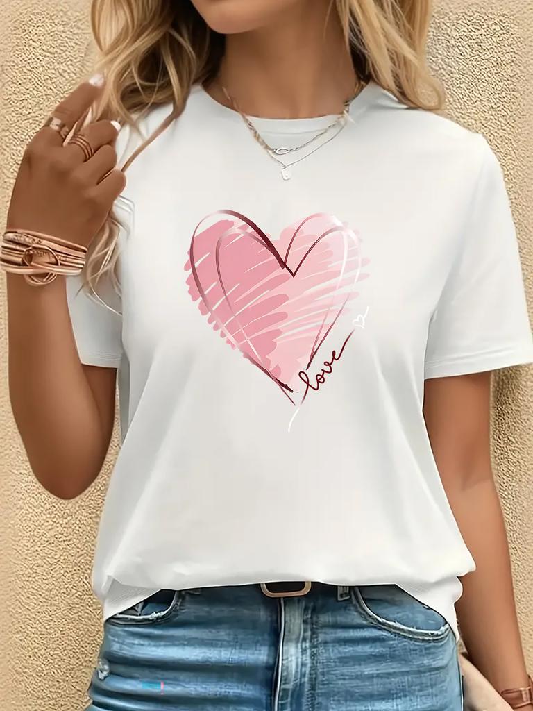 Heart Cartoon Print Graphic T-shirt Women's Casual Sports Aesthetic Clothes