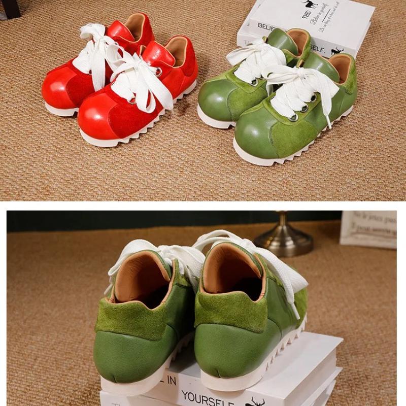 Johnature Genuine Leather Women's Shoes Casual Sports Lace-up Round Toe Versatile Flat Shoes