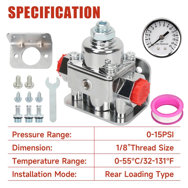 12-804 Fuel Pressure Regulator Carburetor with Gauge Kit 1-4 PSI 3/8IN NPT Port 1-IN&2-OUT Compatible with Holley and Edelbrock