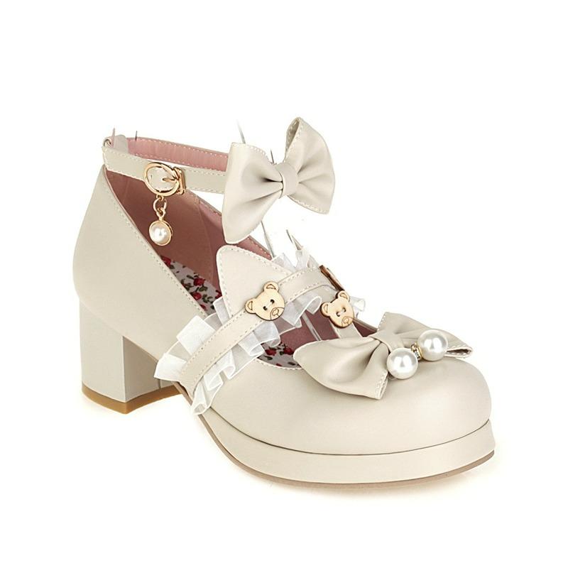 Plus Size Shoes Lace Women Bow Buckle Cute Lolita Girls Shoes Cartoon Bear Pearl Mary Jane Shoes