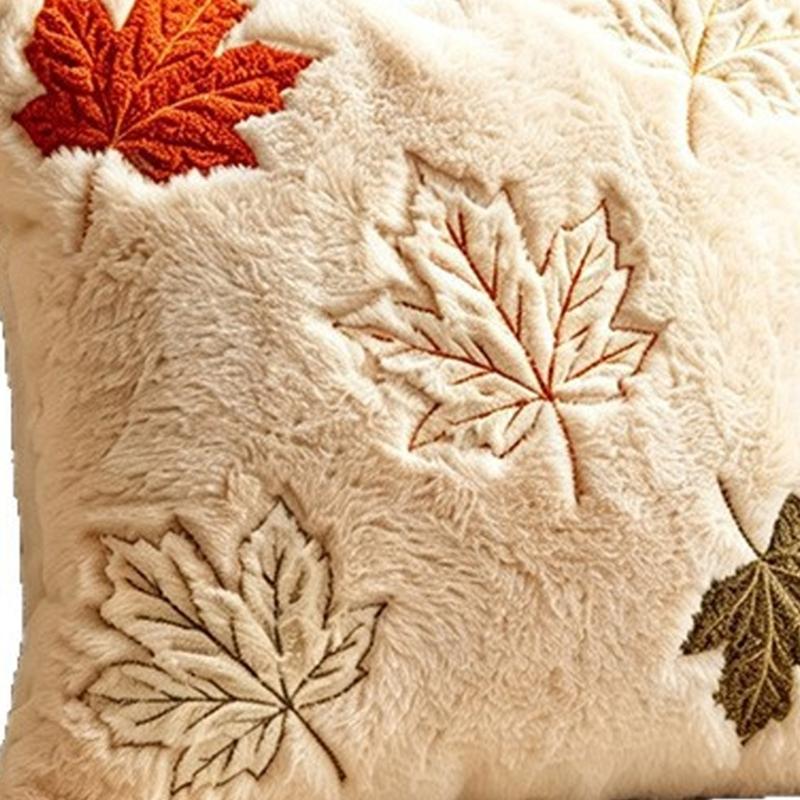 Thanksgiving Pillow Cover Maple Leaf Embroidered Plush Cushion Cover with Concealed Zippers for Indoor Decors Home