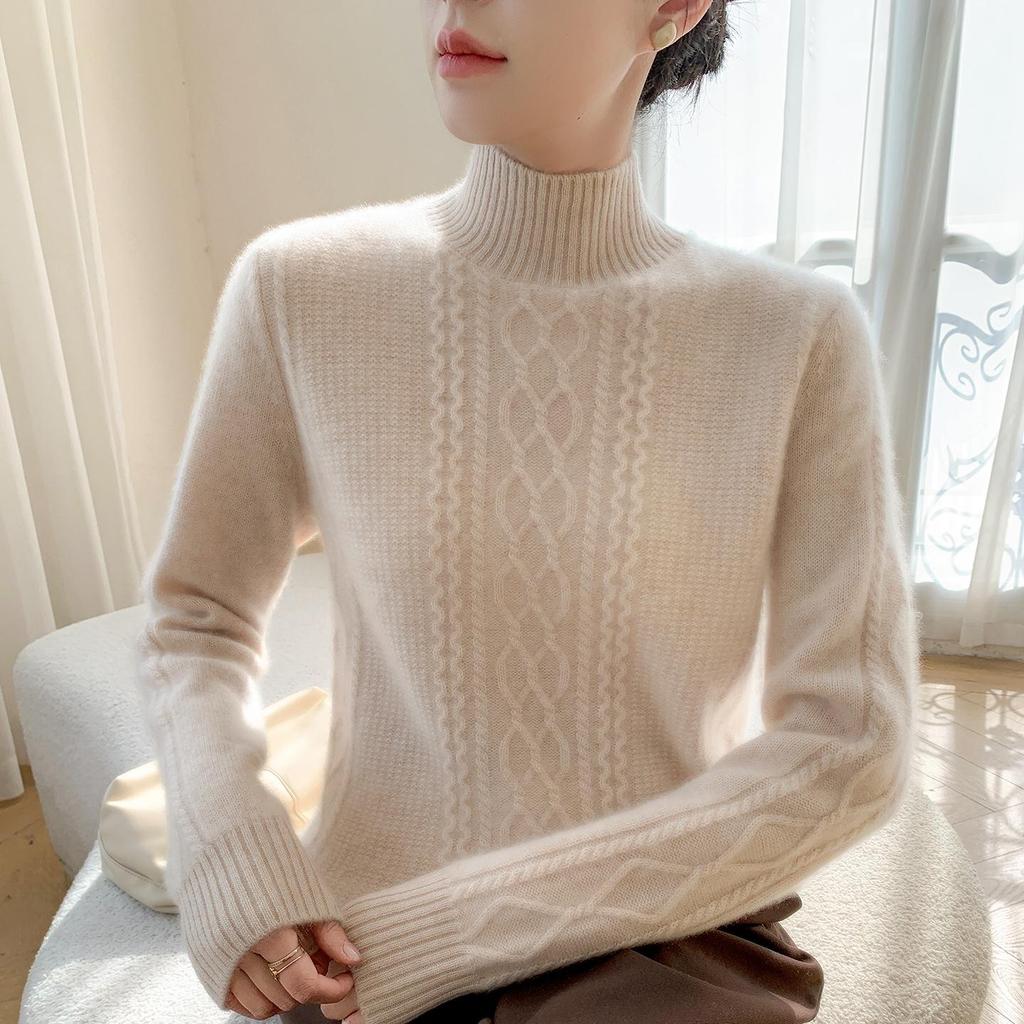 2025 Cashmere Sweater: Half-High Neck, Diamond Cable Knit, Long Sleeve, Loose Fit, Thickened Base Layer.