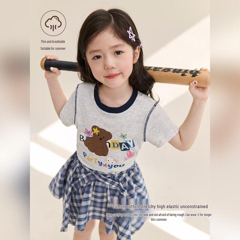 LUSON Girls' Cartoon Color-Block Short Sleeve T-Shirt