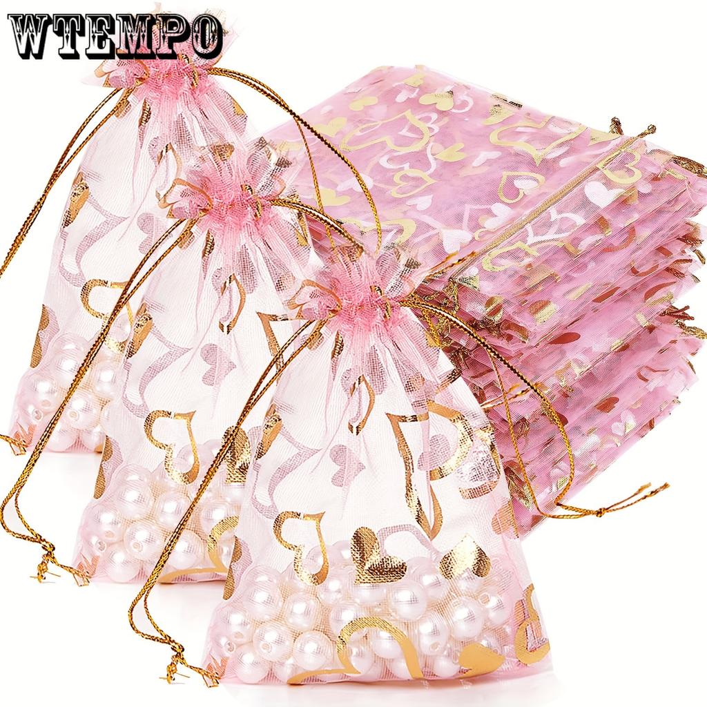 50pcs Pink Heart-Shaped Printed Organza Drawstring Bags with Golden Heart 4.72x3.54 Inches Durable Reusable Gift Bags Suitable