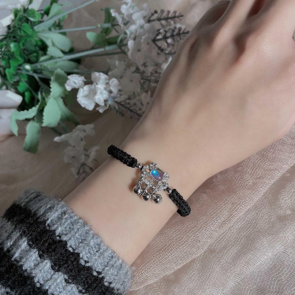 Moonstone safety lock bracelet female student Korean version retro woven black and red rope ins does not fade girlfriend gift