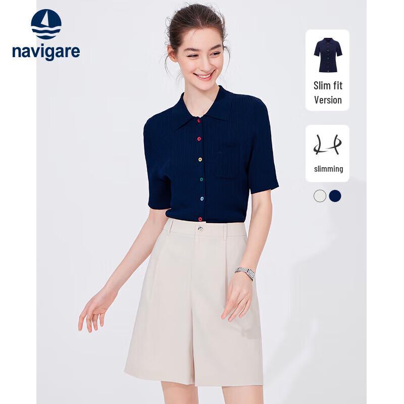 Navigare Women's Lapel Mid-Sleeve Slim Knit Cardigan