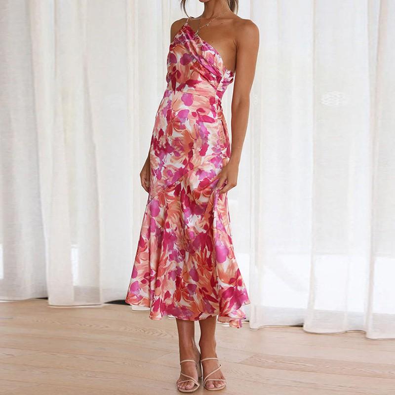 2026 Floral Print Asymmetrical Neckline Sleeveless Wrap-Style Maxi Dress Women High-Waisted Fit Elegant Office Casual