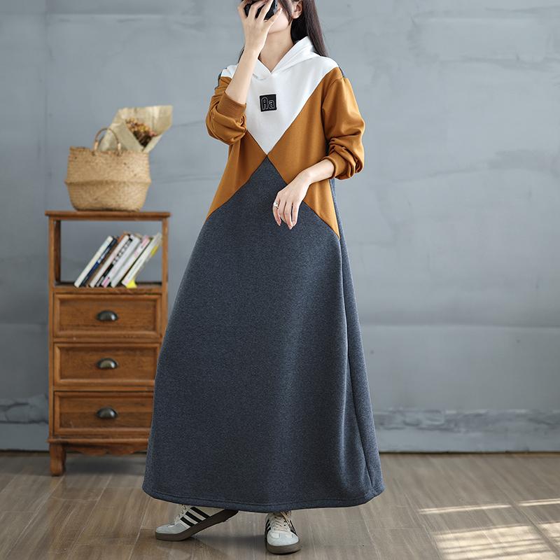 DIMANAF 2025 Dámské jarní šaty plus size Volné Nové Dámské Dlouhé šaty Vintage Maxi šaty Dlouhý rukáv S kapucí Ležérní