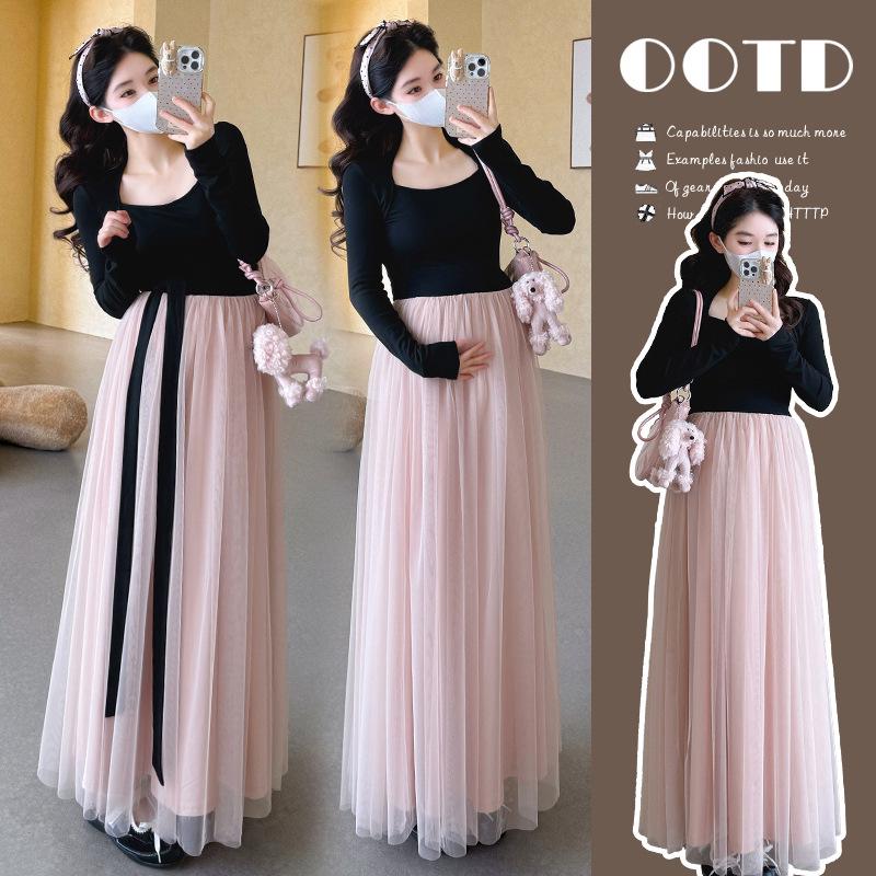 In Stock: 2026 Early Spring Korean Style Bow Knot Patchwork Mesh Plus Size Maternity Dress XL (65-70 kg)