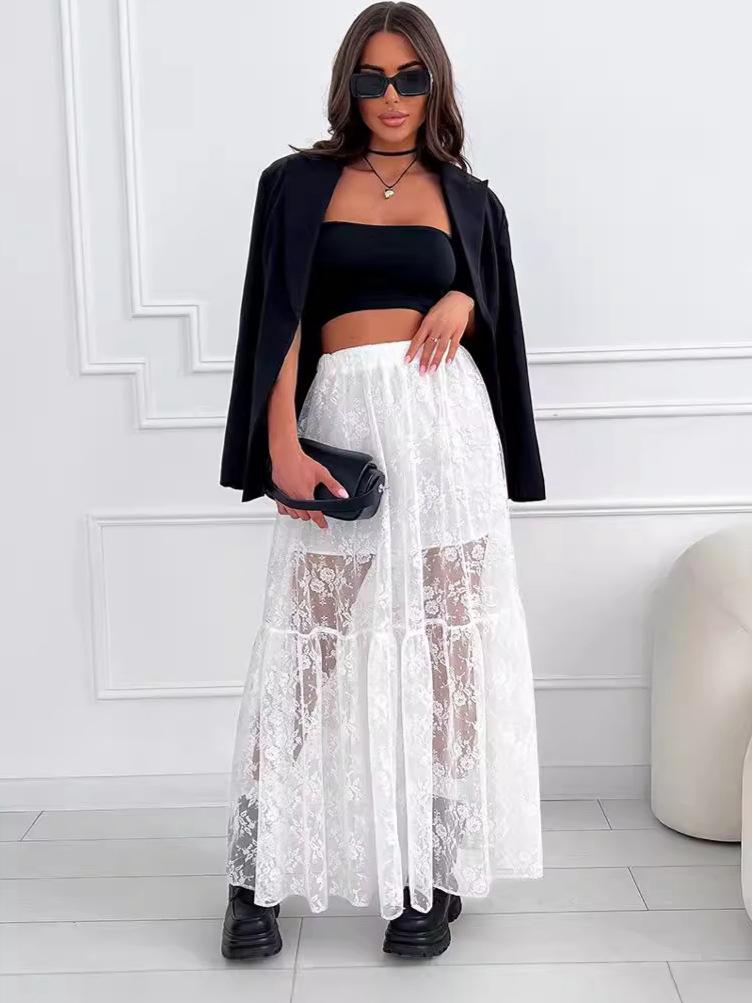 Elegant Sheer Lace A-Line Midi Skirt, Sizes S-5XL, European and American Style Fashion Skirt for Women