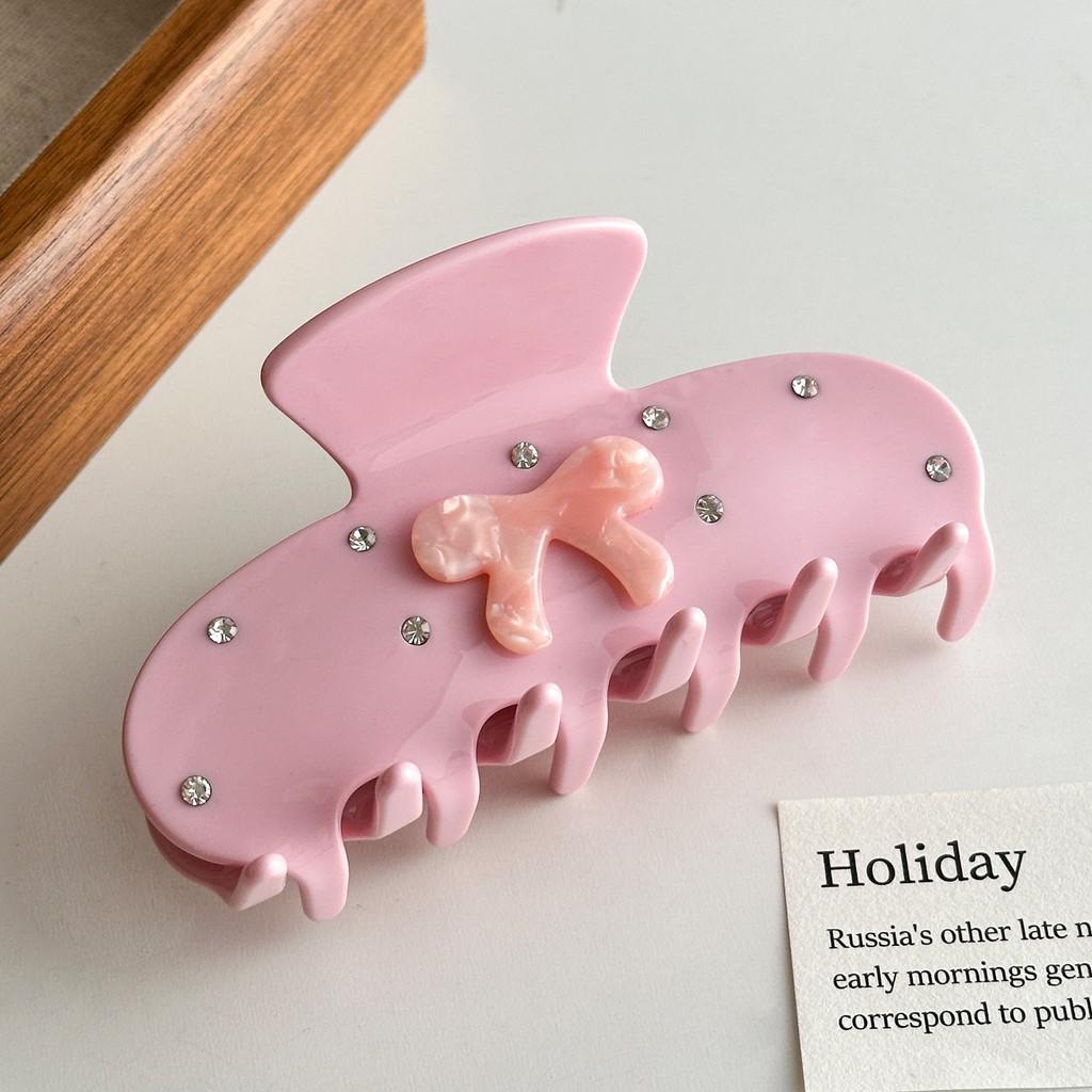 

Elegant Pink And Black Bowknot Acetate Hair Claw Clip With Sparkling Rhinestones For Women