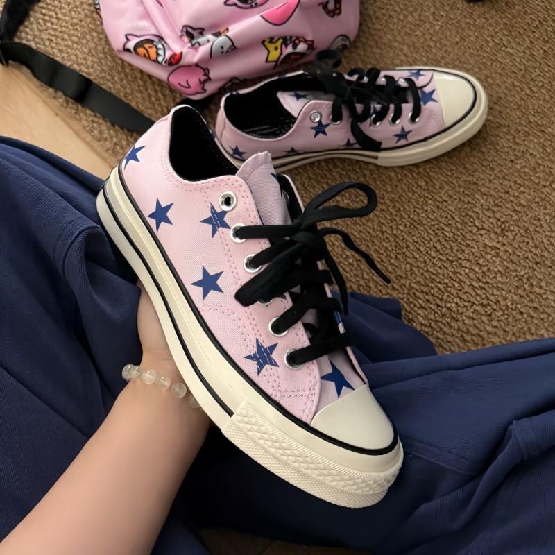 Pink Star Print Low-Top Canvas Sneakers Women Men Casual Shoes