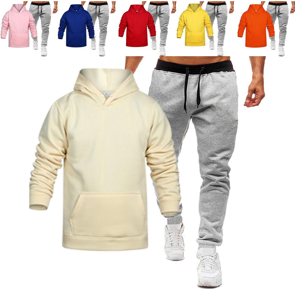 Men's Winter Solid Color Long-Sleeved Hooded Drawstring Sweatshirt And Sweatpants Suit