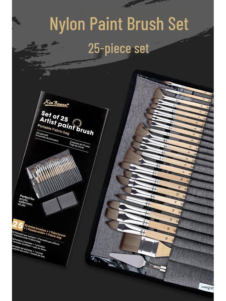 25-Piece Portable Wood Paintbrush Set for Art Studio and Sketching