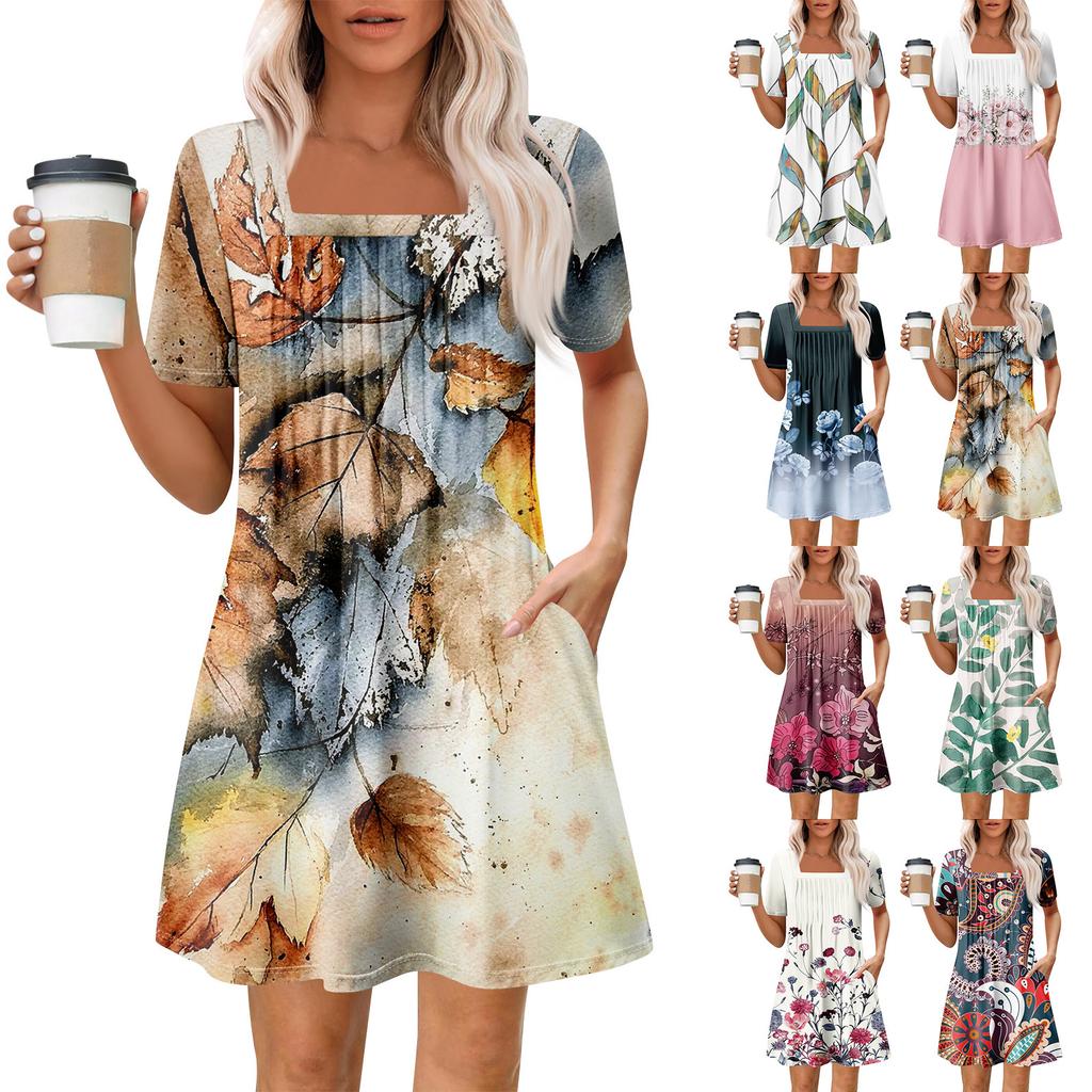 Women's Summer Casual Square Neck Pleated Front With Pocket Printed Short Sleeve Dresses