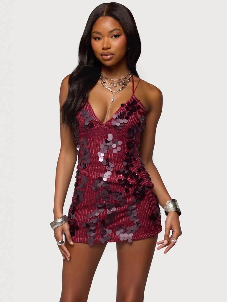 2025 Red Sequin Strappy Deep V-Neck Ball Gown & Hip-Hugging Skirt Set
