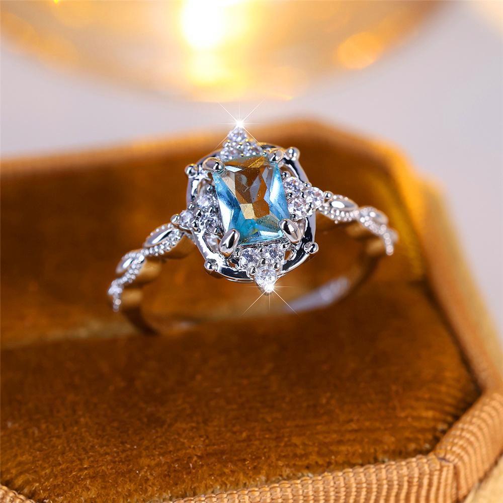 Luxury Female Crystal Light Blue Zircon Stone Square Engagement Ring Vintage Silver Color Wedding Jewelry For Women