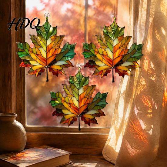 Indoor Autumn Party Supplies Acrylic Maple Leaf Suncatcher for Home Decor Stained Glass Decorative Leaves Style Window Hanging Ornament Thanksgiving