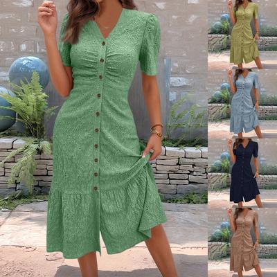 Vestido Feminino da Moda de Gola Redonda Manga Curta Cor Sólida com Botões