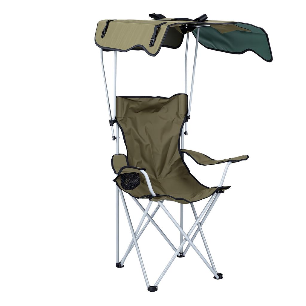 Camping Chair OD Green High Carbon Steel Oxford Fabric Ergonomic Portable Folding Outdoor Chair with Canopy for Beach