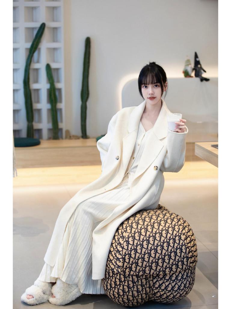 Korean Style Women's Long-Haired Double-Faced Wool Cashmere Cocoon Coat