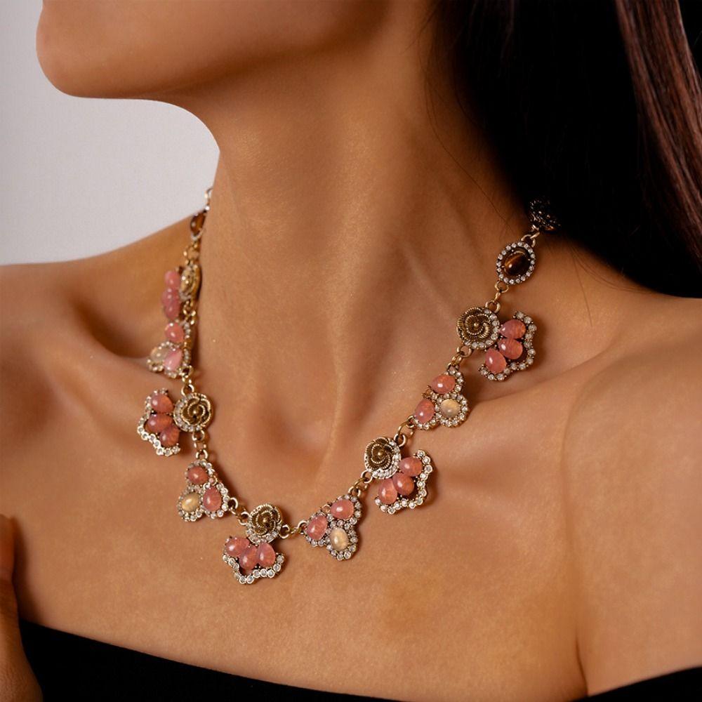Inlaid Rhinestone Flower Necklace Earring Trendy Clavicle Chain Pink Water Drop Necklace  Party