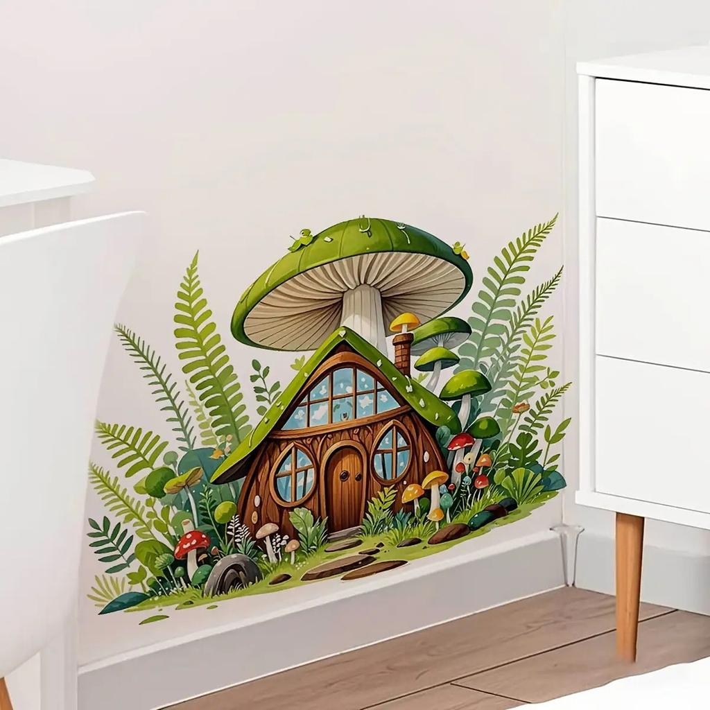 Fairy Tale Mushroom House Cartoon Forest Wall Sticker Self Adhesive Waterproof Kids Room Decor