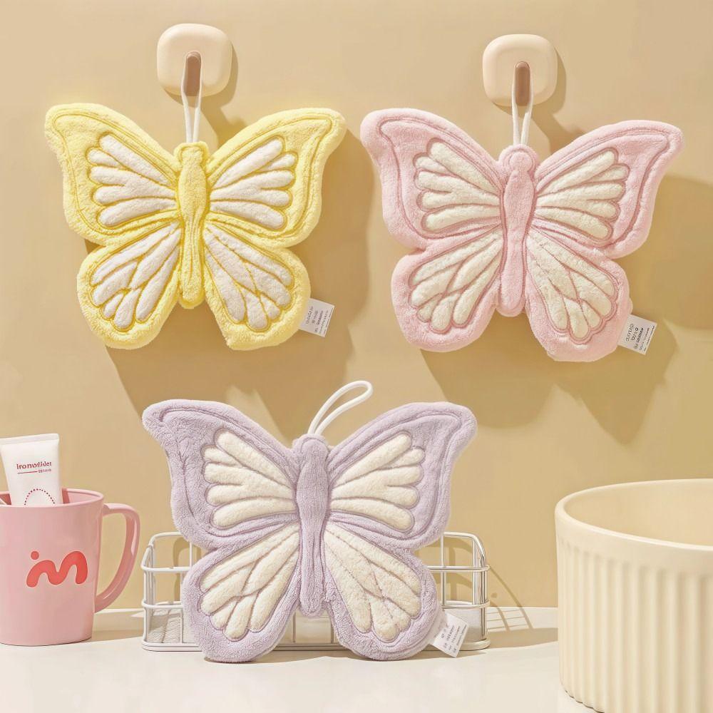 Cartoon Butterfly Shape Hand Towel Quick Drying Strong Water Absorption Bathroom Kitchen Rag Thickened Coral Fleece Washcloth