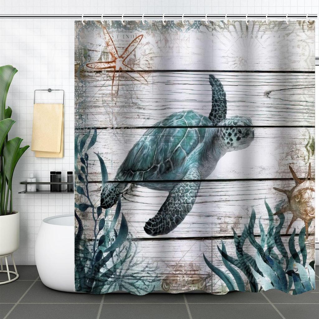 Wodoodporna zasłona prysznicowa 3D z motywem żółwia morskiego i rozgwiazdy, odporna na pleśń