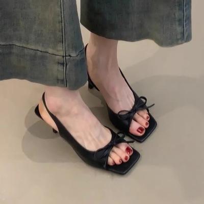2025 New Bow-tied Back Strap High Heels Women's Summer Outer Wear One-word with Temperament Open-toed Square Head Sandals