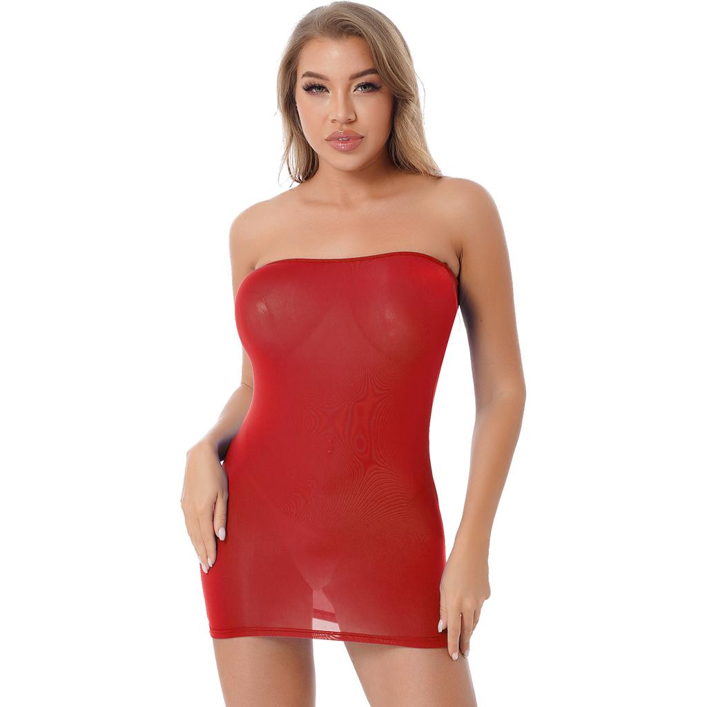Womens Stretchy Strapless Pencil Dress Semi see through Mini Bikini Cover Ups