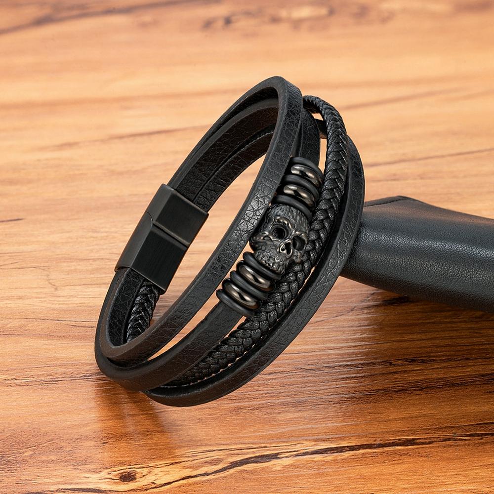Fashion Men Bracelet Hand Homme Bracelets Woven Skull Hand Jewelry for Stainless Steel Magnet Clasp Leather Bangles Gift