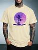Unisex Summer White Short Sleeve Tee Retro Purple Sunset Palm Tree Beach Graphic Print Crew Neck Loose Male Casual Tops