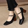 Fashion Comemore Fashion Women's Square Toe Pumps Chunky High Heels Beltt Buckle Heels for Women Vintage Splicing Retro Mary Jane Shoes
