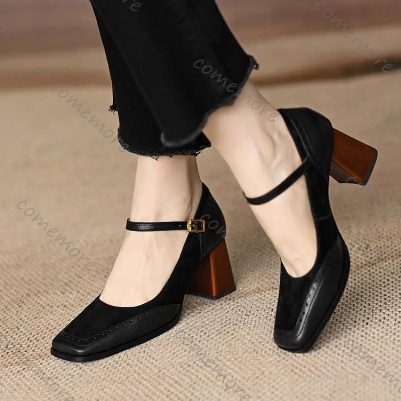 Fashion Comemore Fashion Women's Square Toe Pumps Chunky High Heels Beltt Buckle Heels for Women Vintage Splicing Retro Mary Jane Shoes