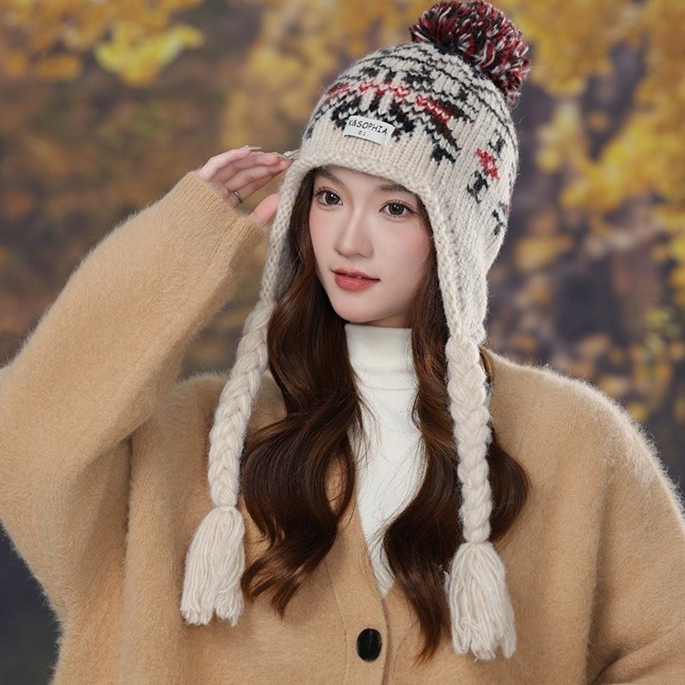 Y2k Ear Protection Cap Jacquard Women Wool Cap Cute Knitted Beanies Caps  Autumn Winter